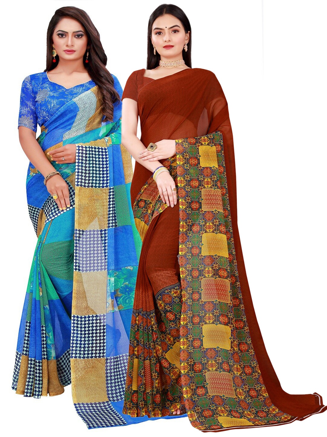 

SAADHVI Blue & Brown Set Of 2 Printed Pure Georgette Saree