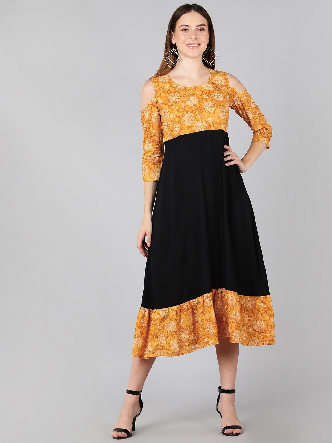 

ZNX Clothing Mustard Yellow & Black Cotton Floral Colourblocked Midi Dress