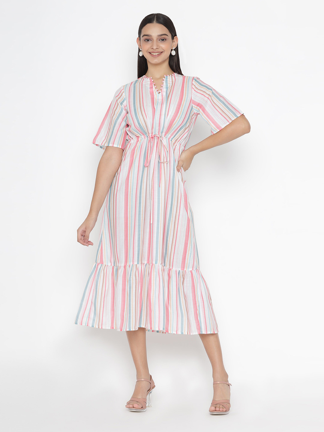 

SEW YOU SOON White & Pink Striped A-Line Midi Dress