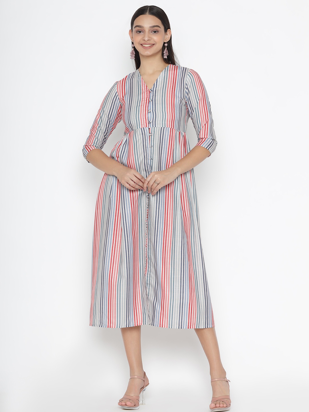 

SEW YOU SOON Women Blue Printed Striped A-Line Midi Dress