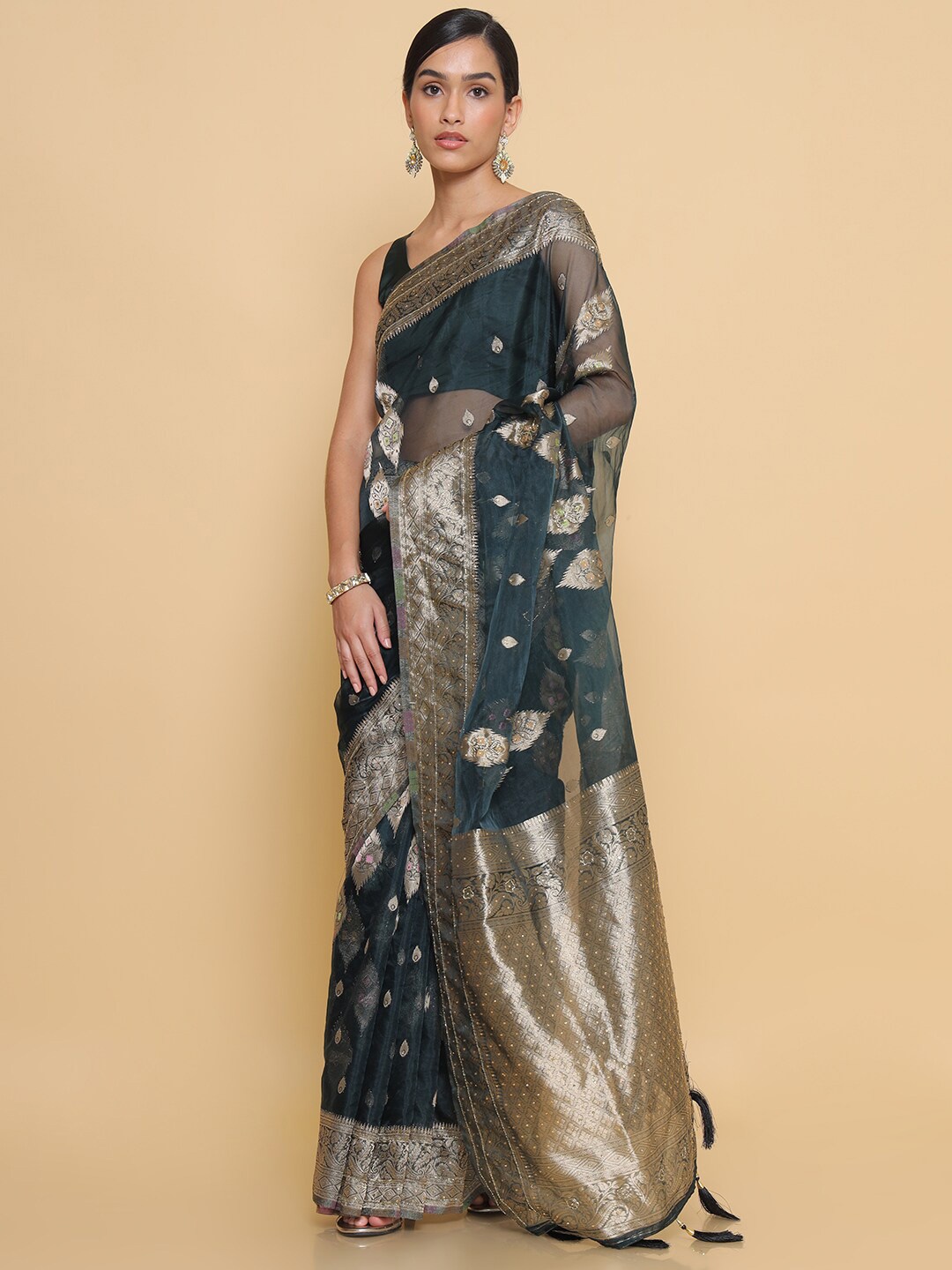 

Soch Teal & Silver-Toned Ethnic Motifs Zari Organza Heavy Work Saree