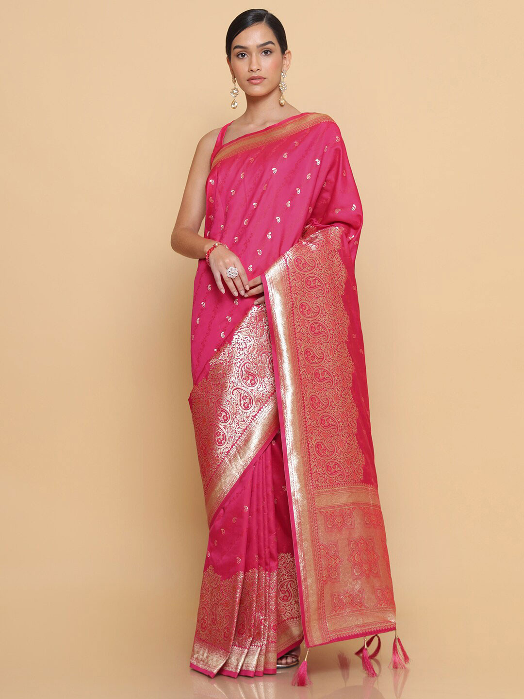 

Soch Pink & Gold-Toned Woven Design Zari Silk Blend Heavy Work Saree