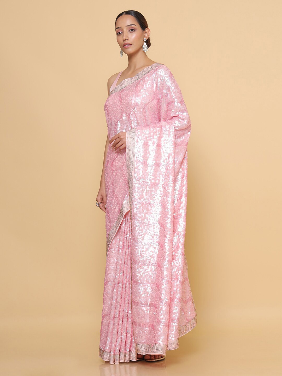 

Soch Pink & Silver-Toned Embellished Embroidered Pure Georgette Heavy Work Saree