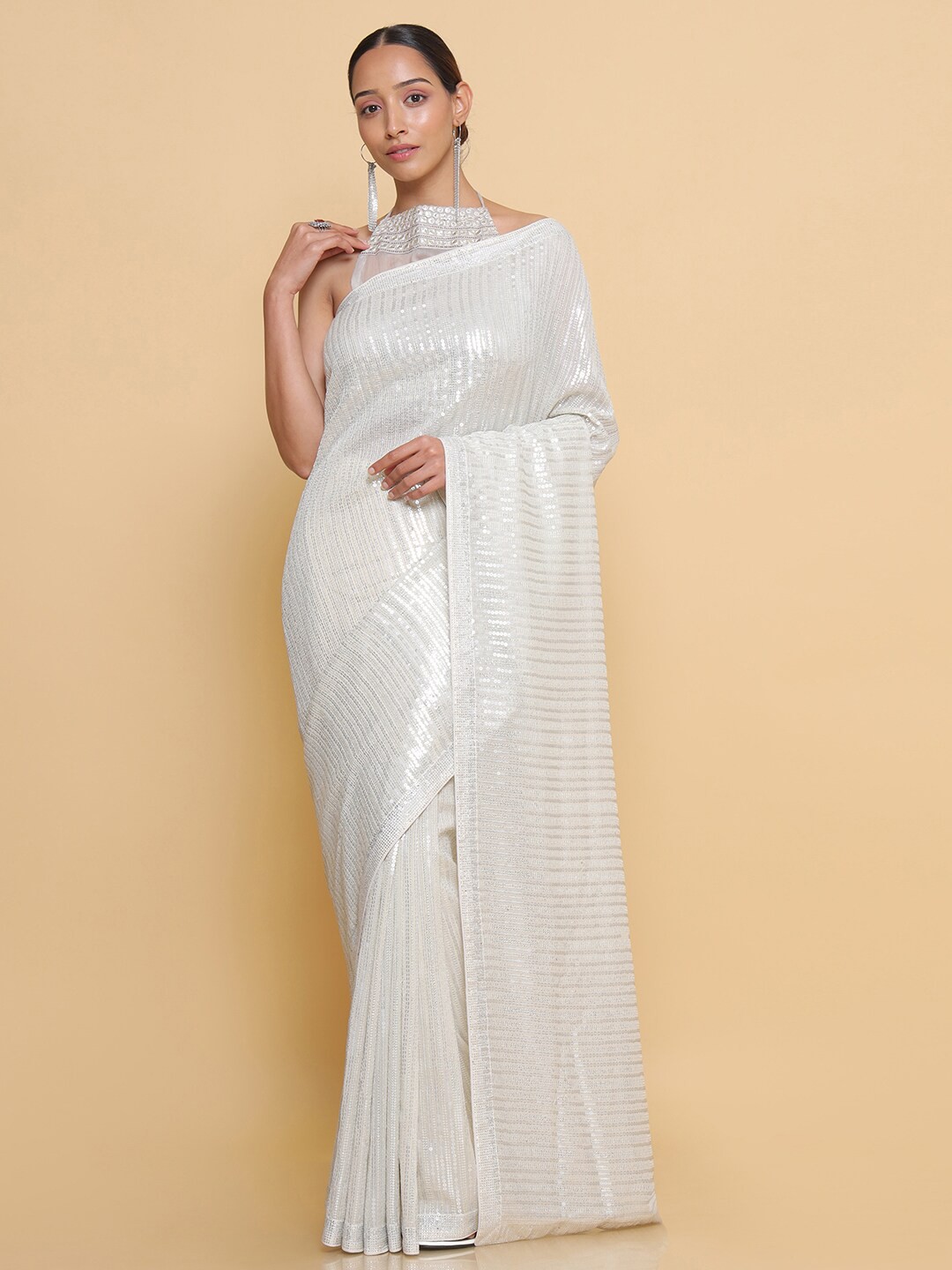 

Soch Cream-Coloured Embellished Sequinned Pure Georgette Heavy Work Saree