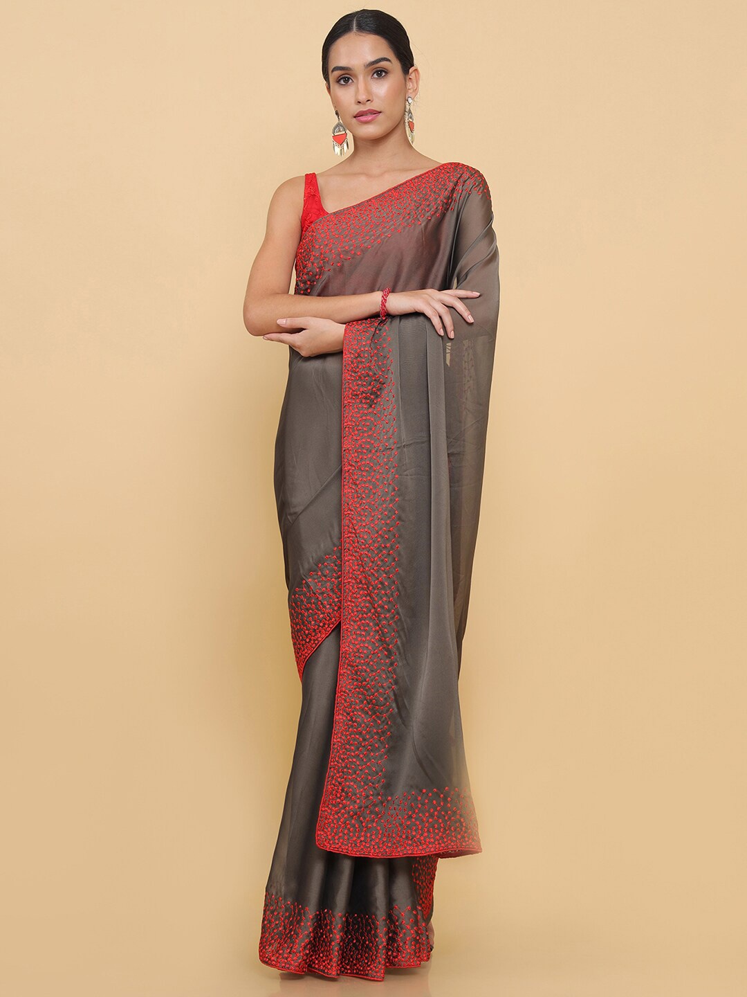 

Soch Brown & Red Embroidered Border Pure Georgette Heavy Work Saree