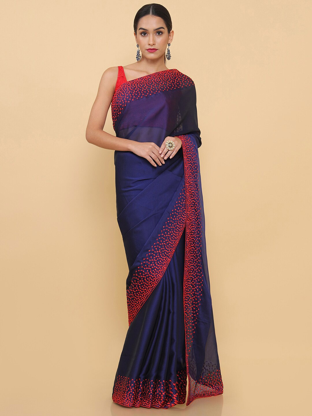 

Soch Blue & Red Pure Georgette Saree With Embroidered Borders