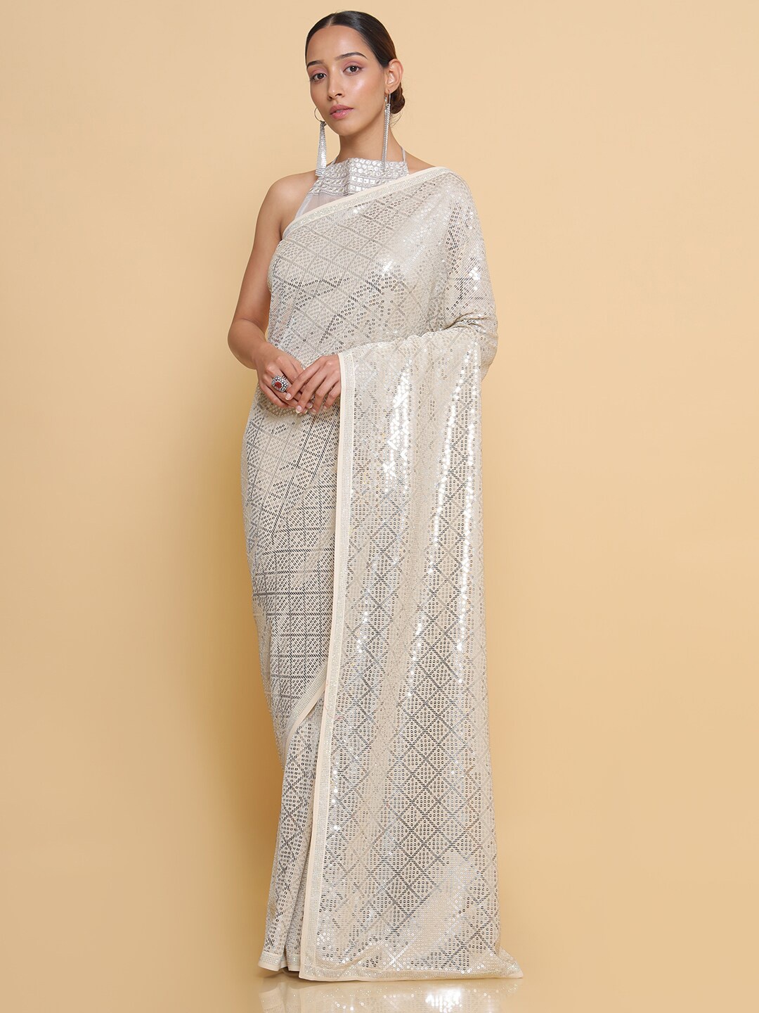 

Soch Beige & Silver-Toned Embellished Embroidered Pure Georgette Heavy Work Saree