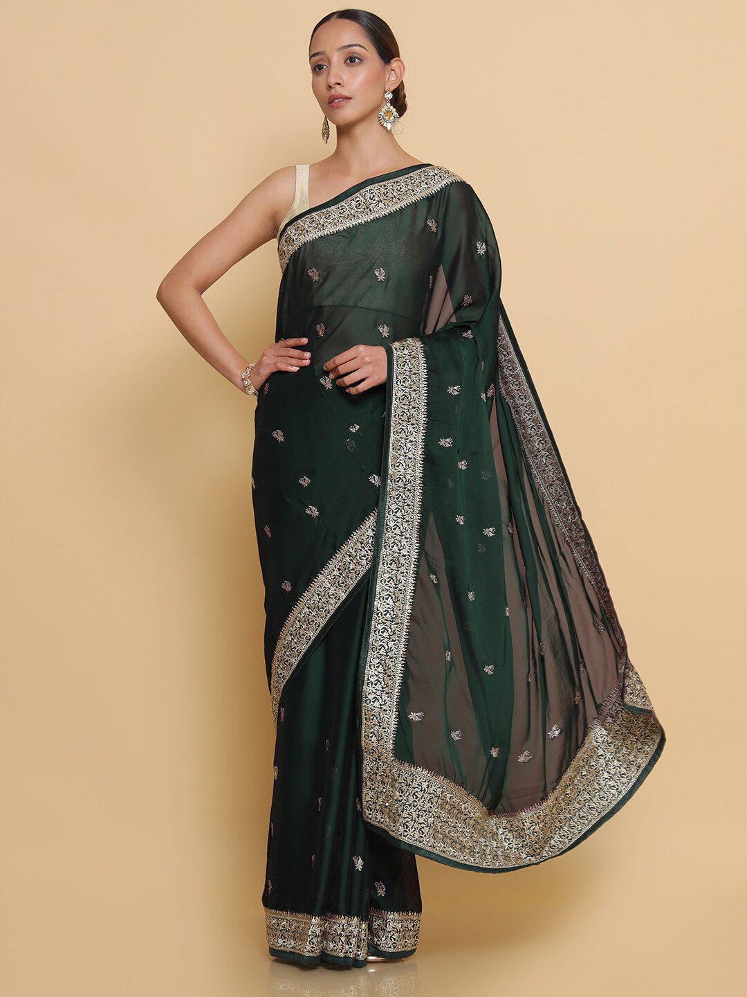

Soch Green & Rose Gold Floral Embroidered Pure Georgette Heavy Work Saree