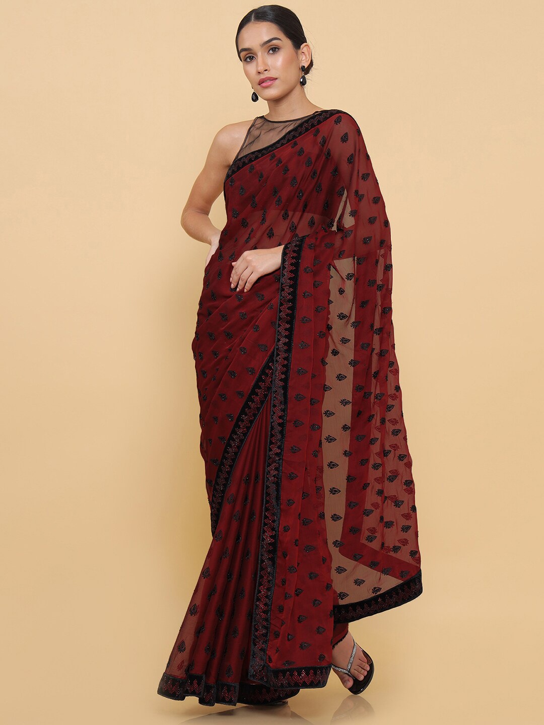 

Soch Maroon & Black Ethnic Motifs Stone Work Pure Georgette Heavy Work Saree