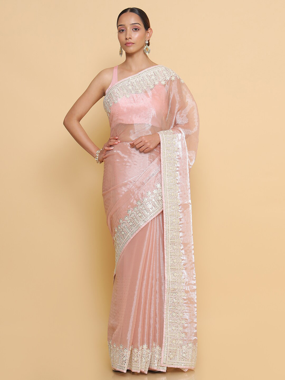 

Soch Pink & Silver-Toned Embellished Mirror Work Organza Heavy Work Saree