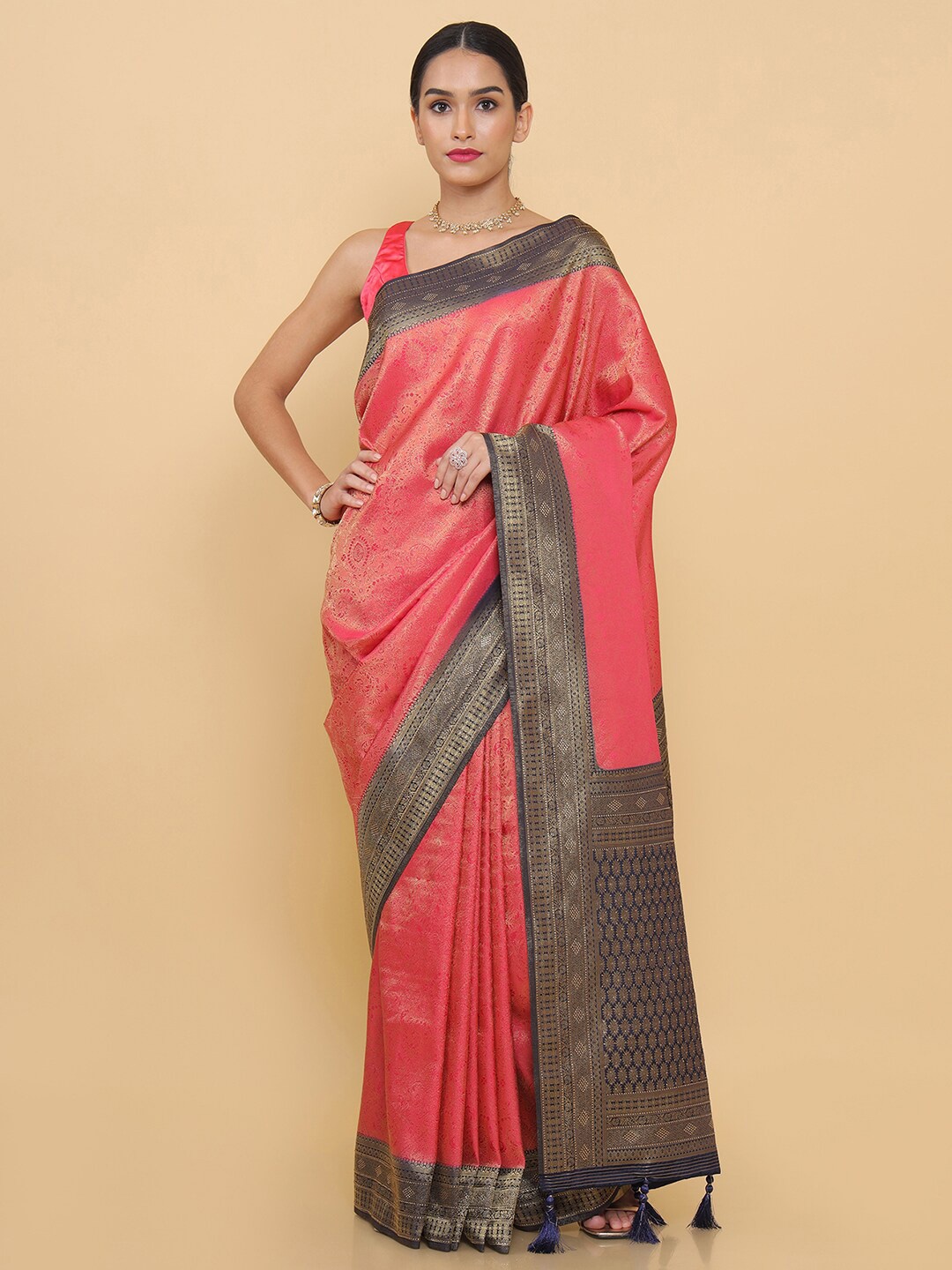 

Soch Pink & Black Woven Design Zari Silk Blend Saree