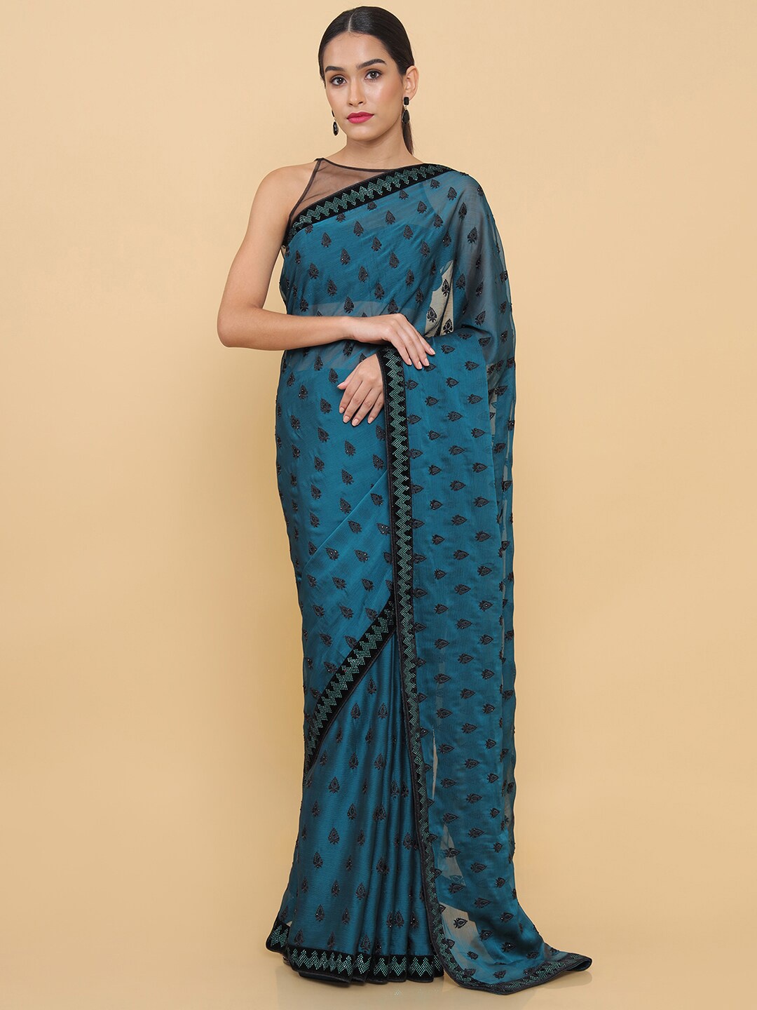 

Soch Women Teal & Black Embellished Embroidered Pure Georgette Heavy Work Saree