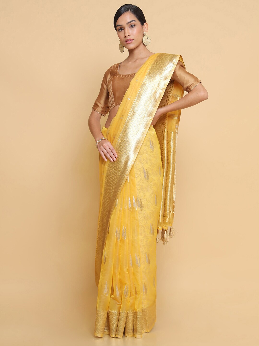 

Soch Yellow & Silver-Toned Woven Design Zari Organza Saree