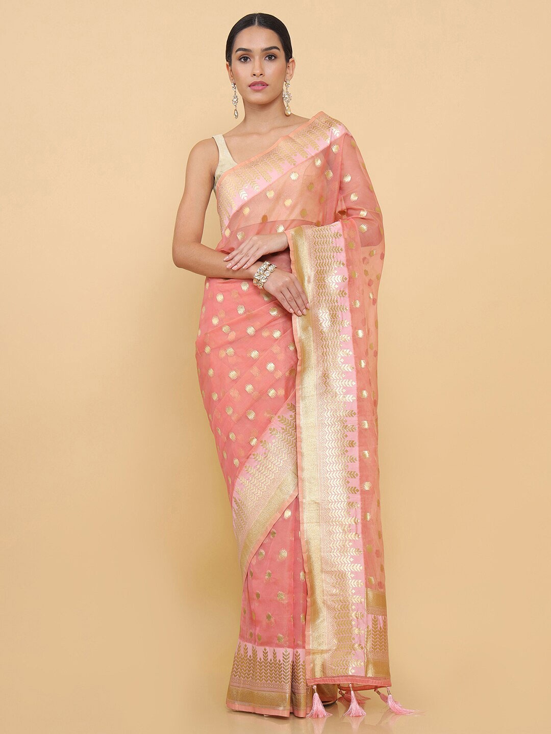 

Soch Pink & Gold-Toned Woven Design Zari Organza Heavy Work Saree