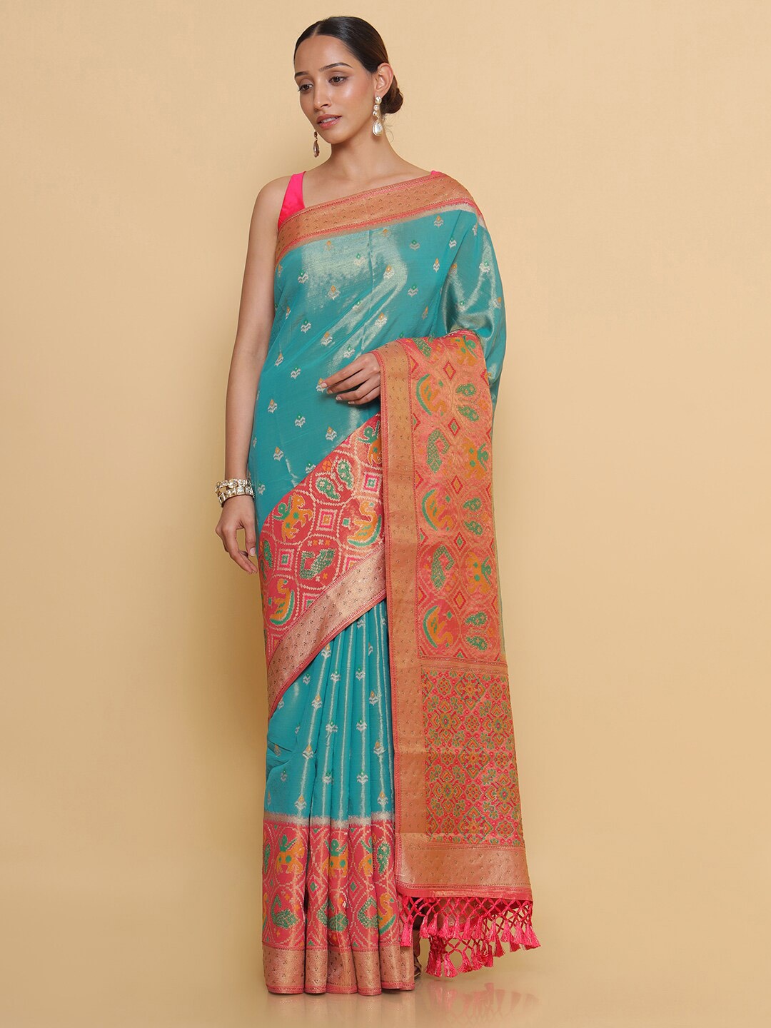 

Soch Turquoise Blue & Peach-Coloured Ethnic Motifs Zari Organza Heavy Work Saree