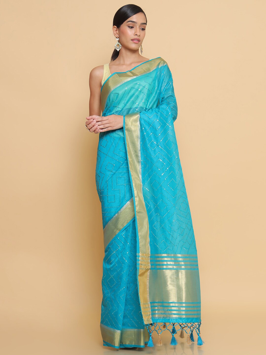 

Soch Blue & Gold-Toned Embroidered Organza Saree
