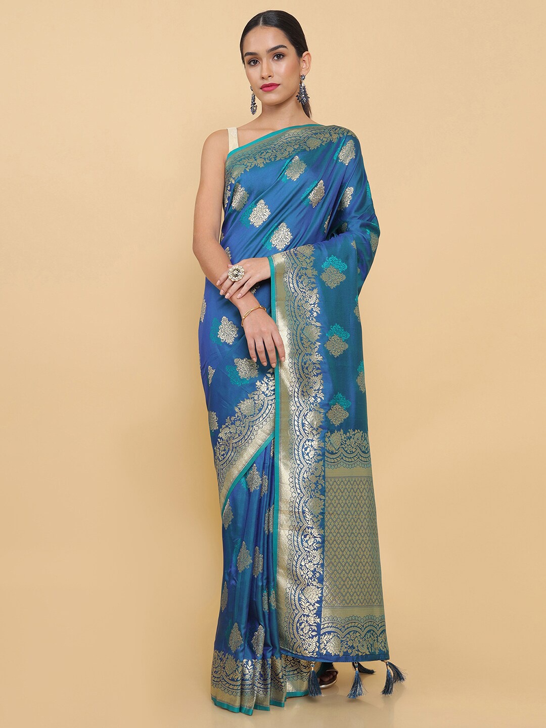 

Soch Blue & Gold-Toned Floral Zari Silk Blend Heavy Work Saree