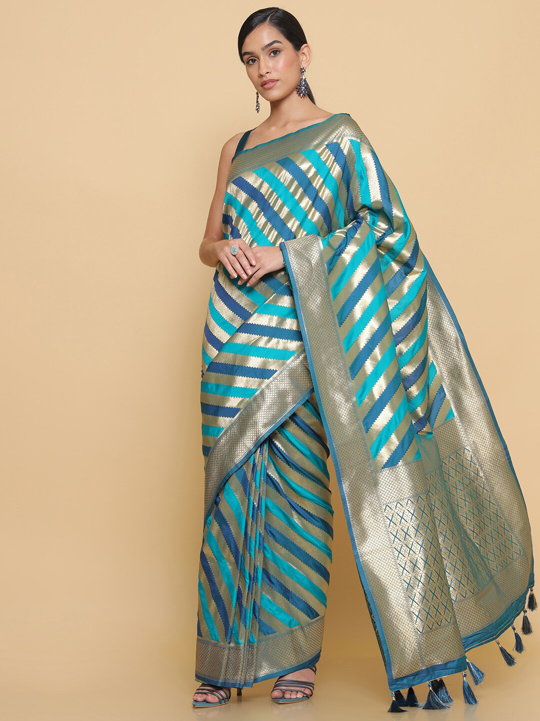

Soch Blue & Gold-Toned Woven Design Zari Silk Blend Saree