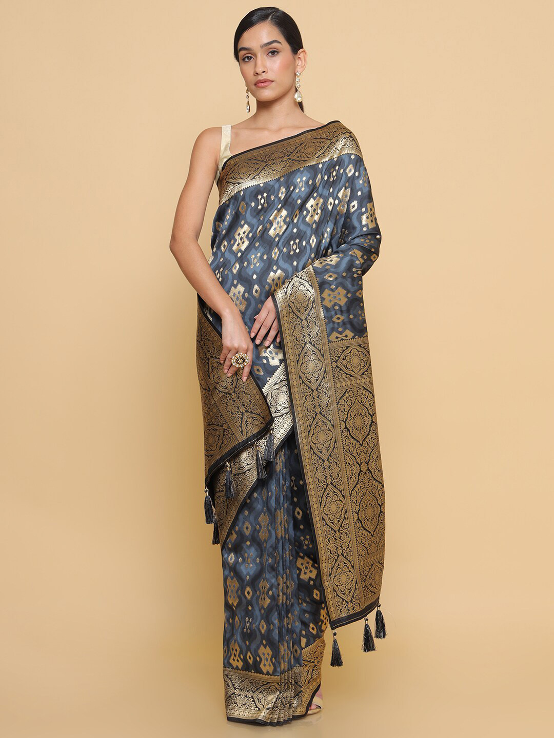 

Soch Blue & Gold-Toned Woven Design Zari Silk Blend Heavy Work Saree