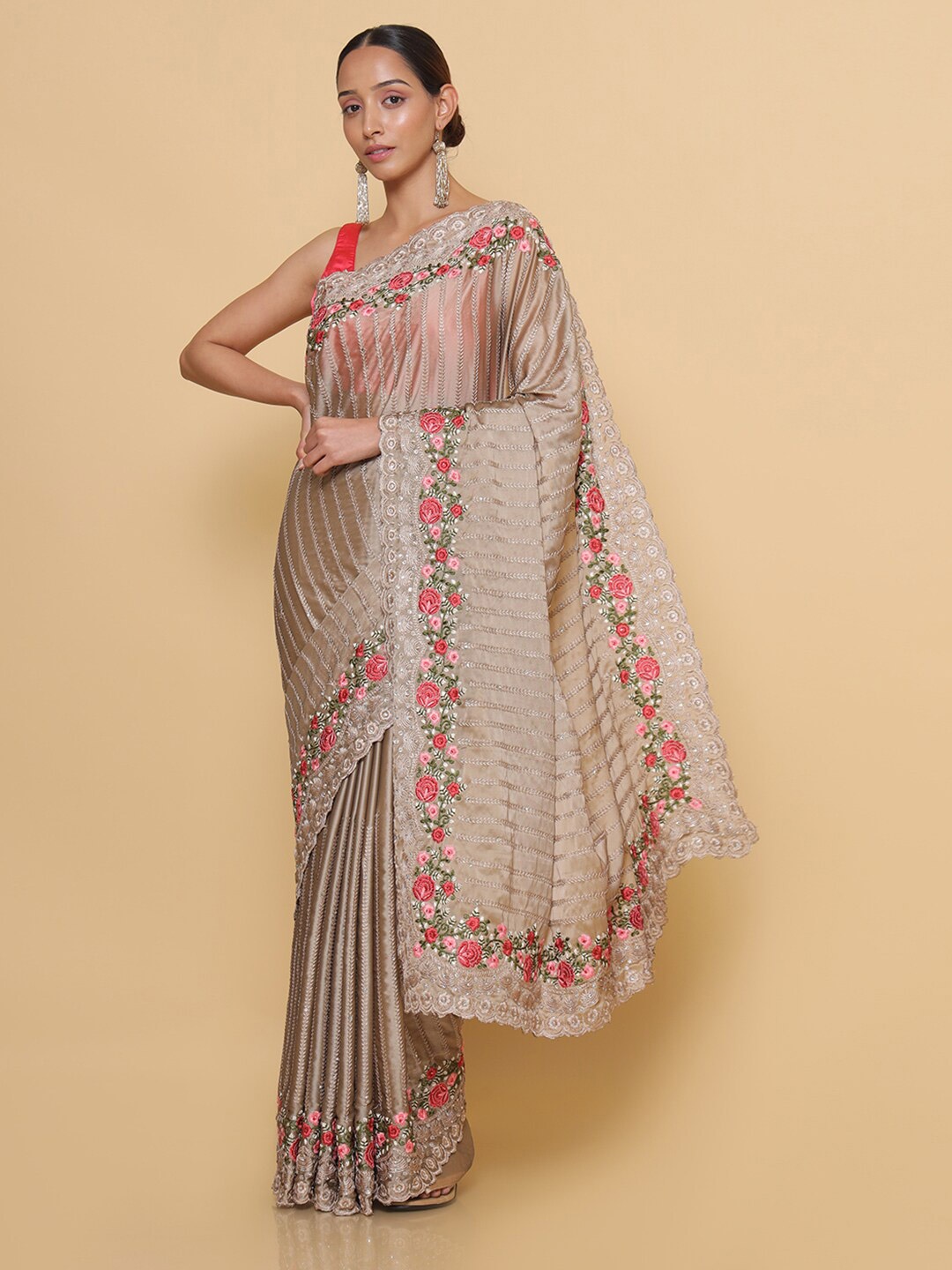 

Soch Beige & Red Striped Embroidered Pure Georgette Heavy Work Saree