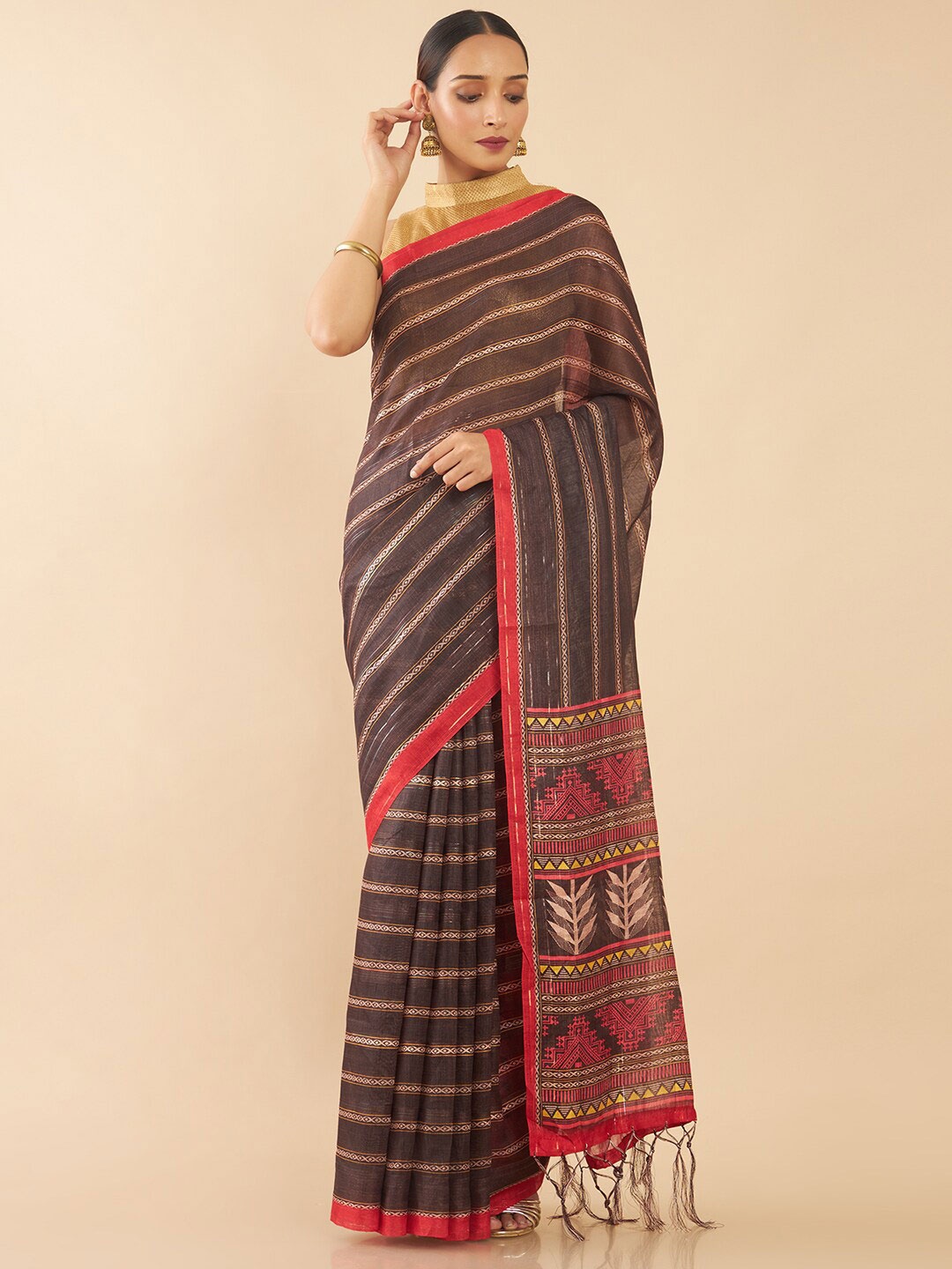 

Soch Brown & Red Striped Silk Blend Fusion Saree