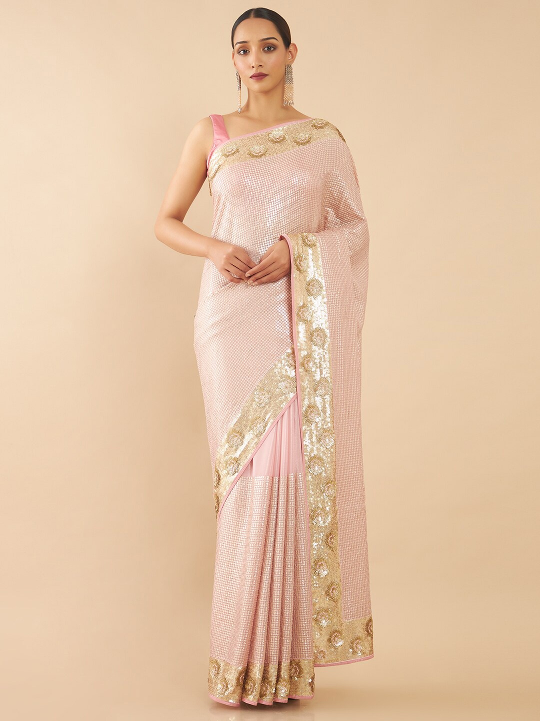 

Soch Pink & Gold Embellished Sequined Pure Georgette Heavy Work Saree