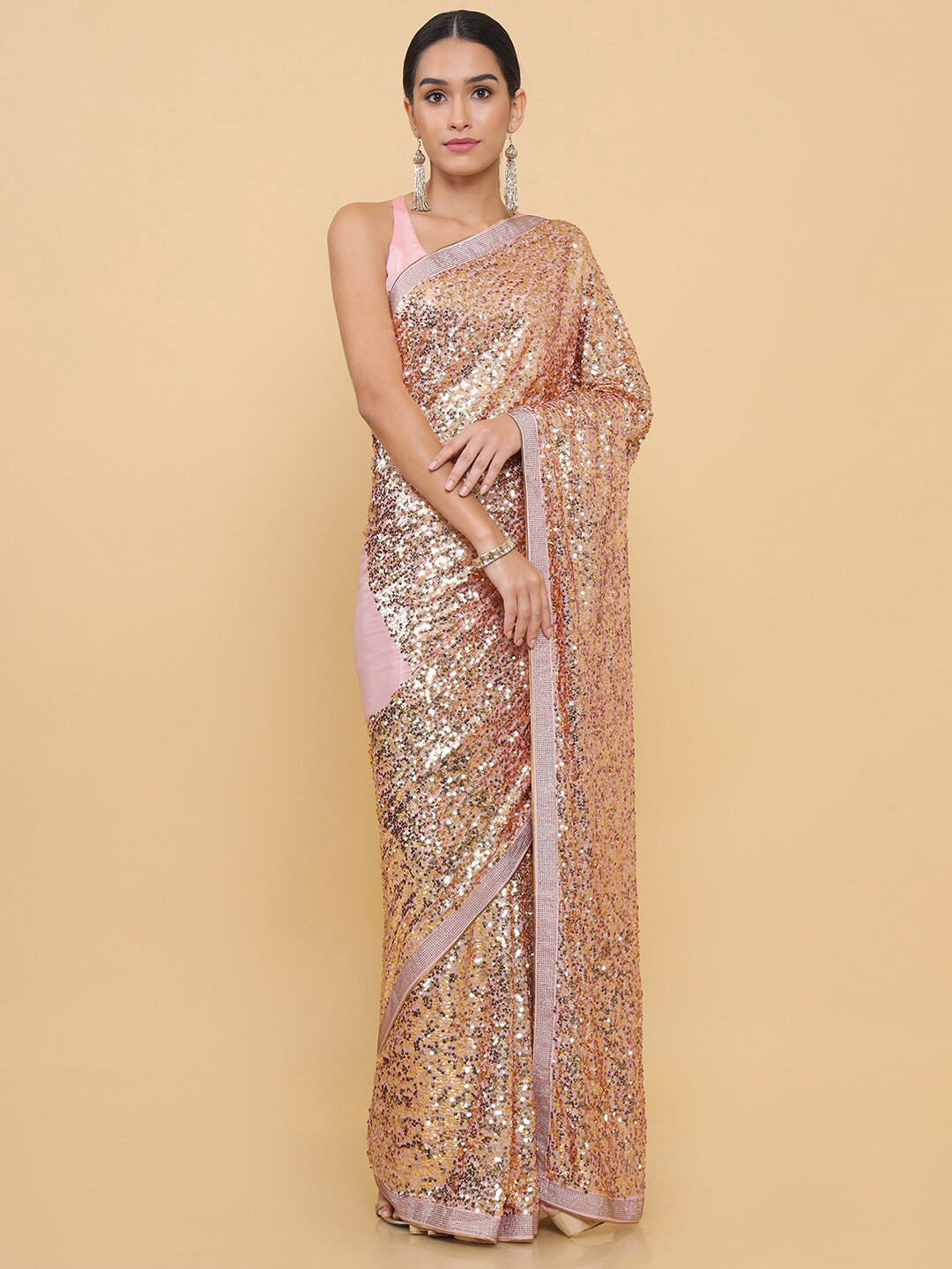 

Soch Pink & Gold-Toned Embellished Mirror Work Pure Georgette Heavy Work Saree