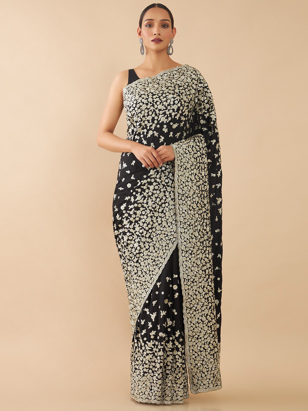 

Soch Black & Gold-Toned Floral Embroidered Pure Crepe Heavy Work Saree