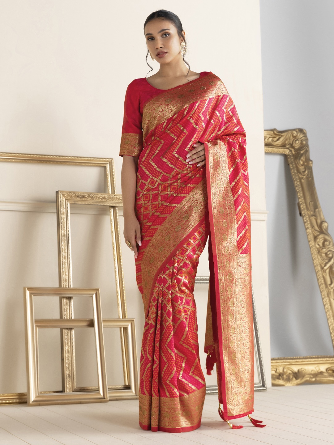 

Soch Pink & Gold-Toned Striped Zari Silk Blend Saree