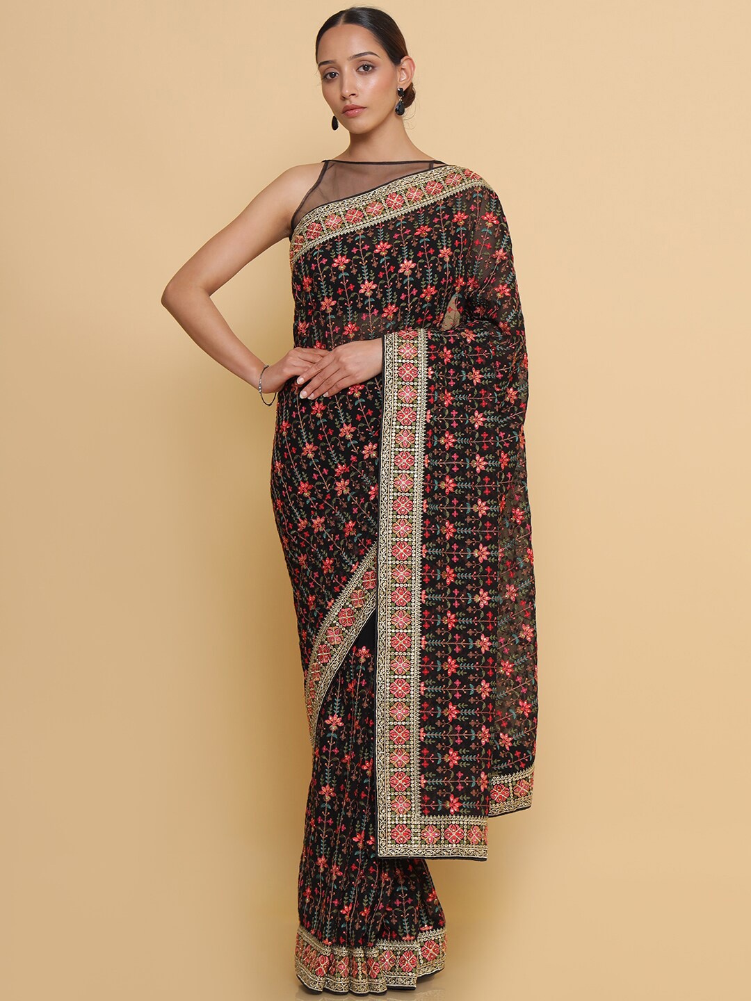 

Soch Black & Pink Floral Embroidered Pure Georgette Heavy Work Saree