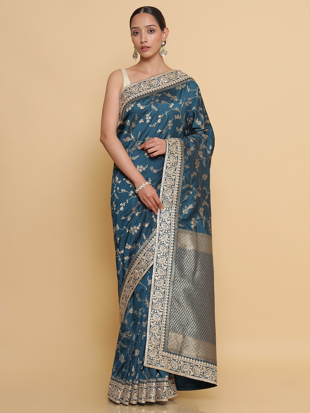 

Soch Teal & Gold-Toned Woven Design Zari Silk Blend Heavy Work Saree