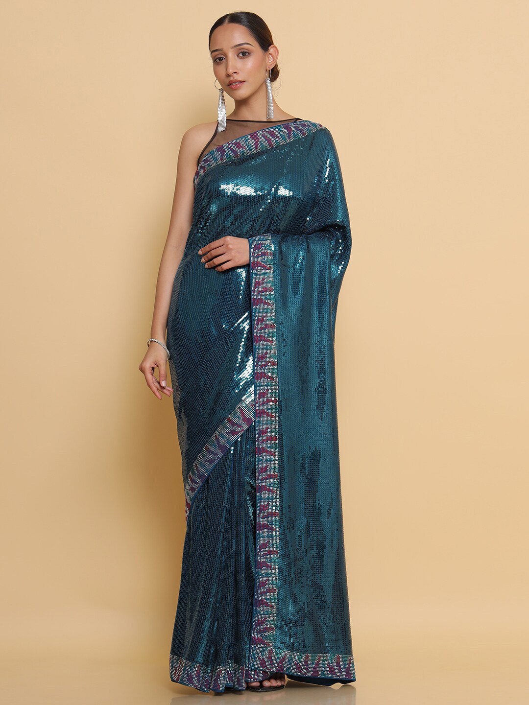 

Soch Teal & Pink Embellished Sequinned Pure Georgette Heavy Work Saree