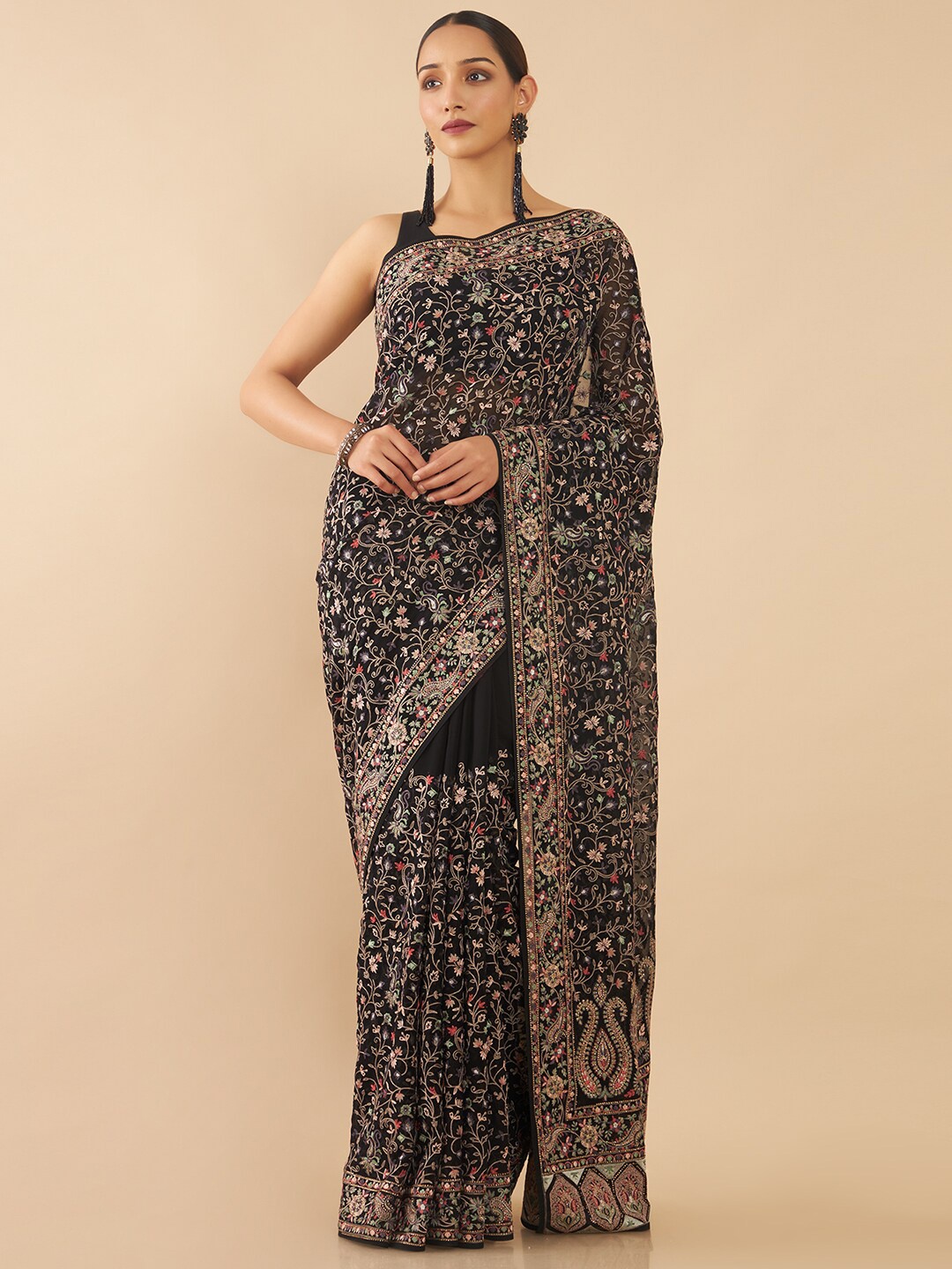 

Soch Black & Green Floral Embroidered Pure Georgette Saree