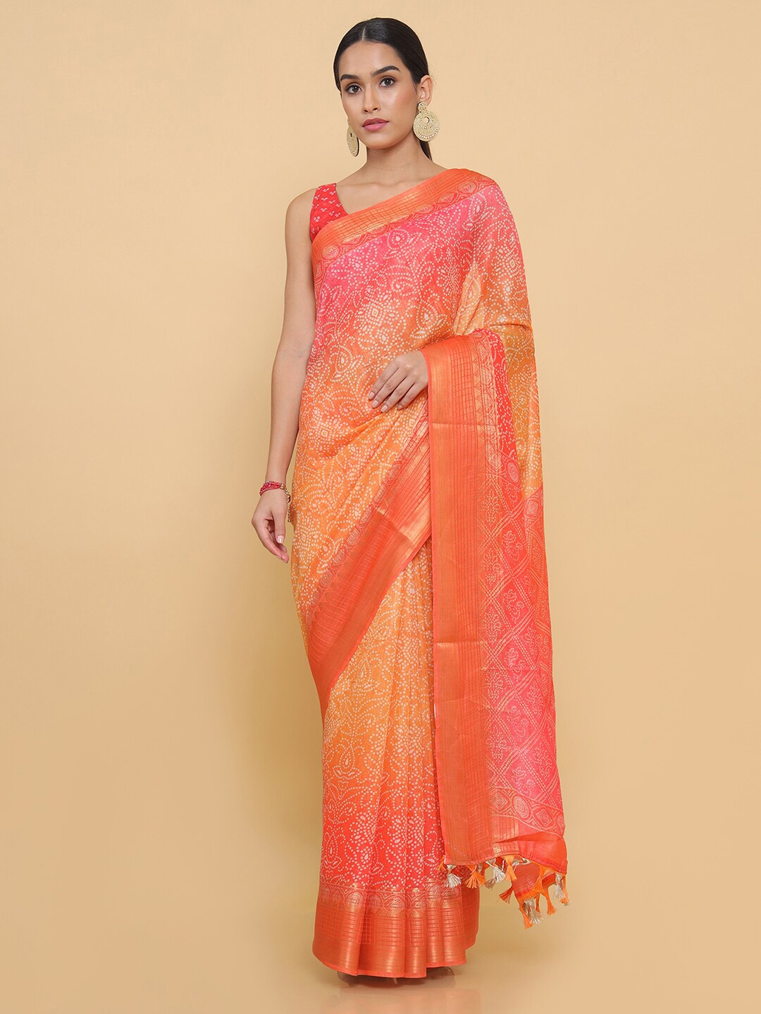 

Soch Orange & White Bandhani Zari Silk Blend Fusion Saree
