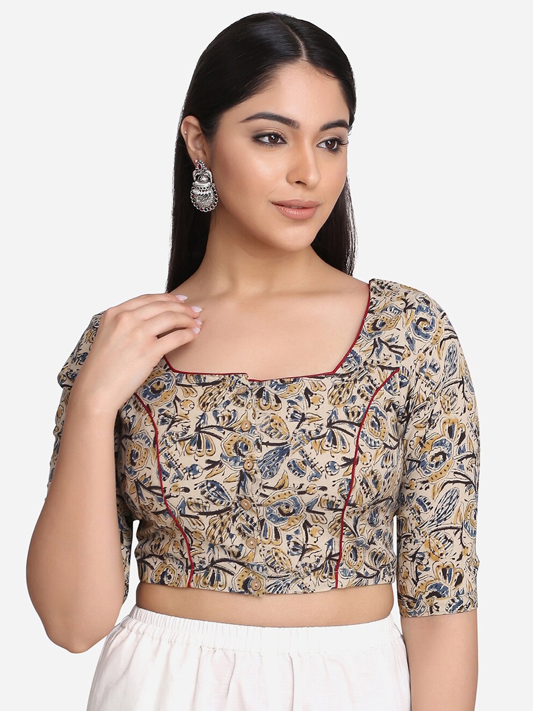 

THE WEAVE TRAVELLER Women Beige Hand Block Kalamkari Printed Cotton Saree Blouse