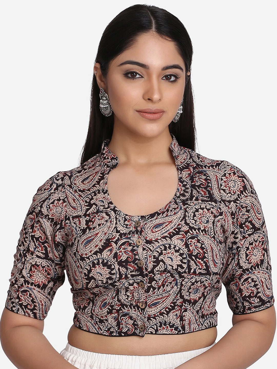 

THE WEAVE TRAVELLER Women Black & Red Kalamkari Hand Block Printed Cotton Saree Blouse