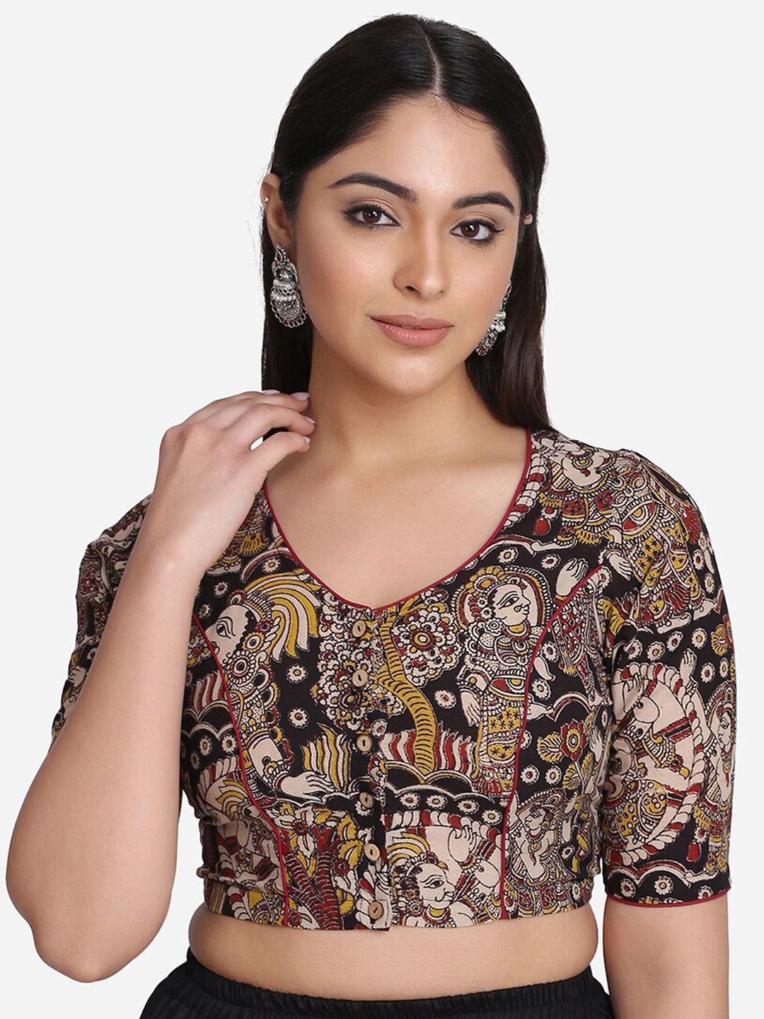 

THE WEAVE TRAVELLER Women Black Hand Block Kalamkari Printed Cotton Saree Blouse