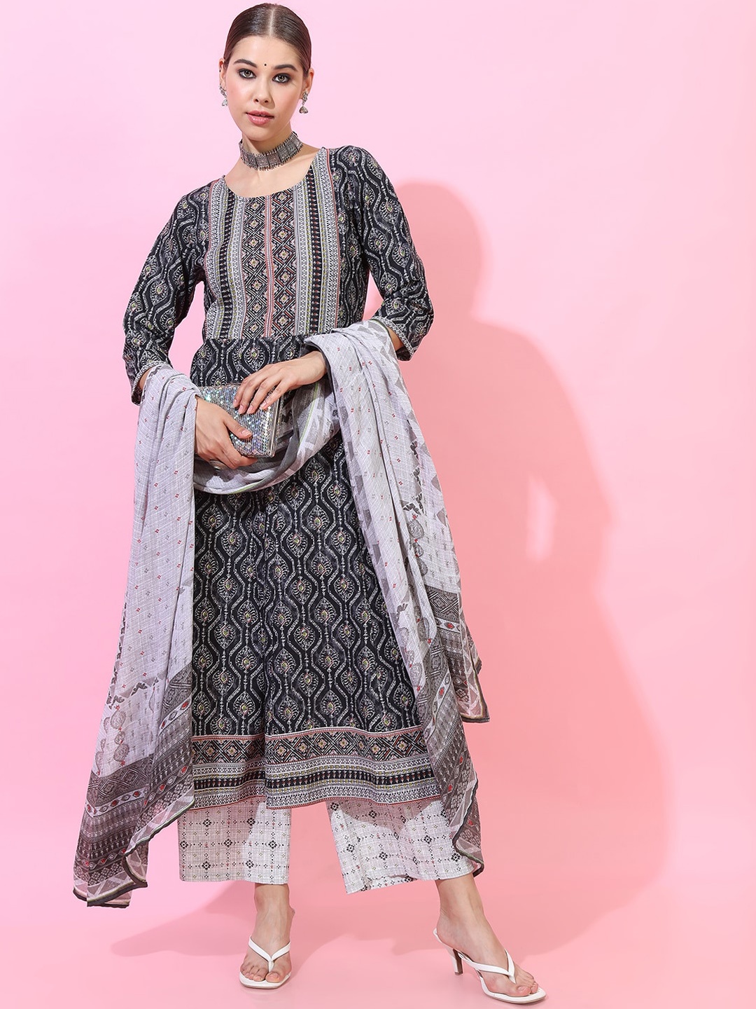 

Vishudh Women Grey Pure Cotton Kurta with Palazzos & With Dupatta