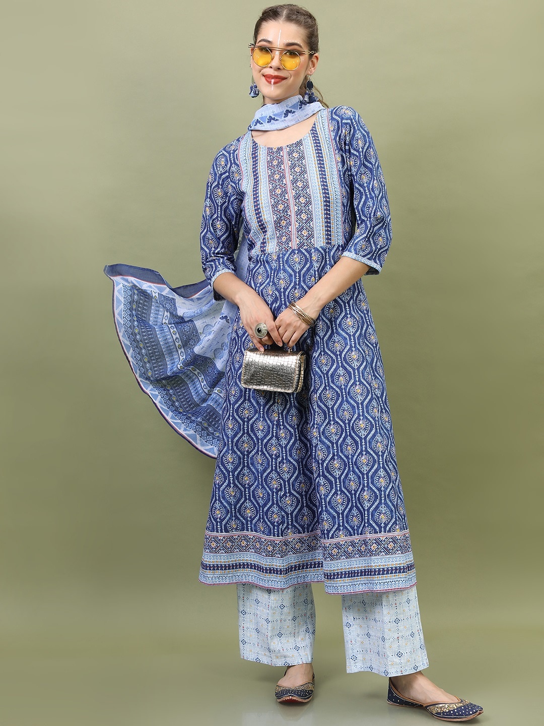 

Vishudh Women Navy Blue Ethnic Motifs Printed Pleated Pure Cotton Kurta with Palazzos & With Dupatta