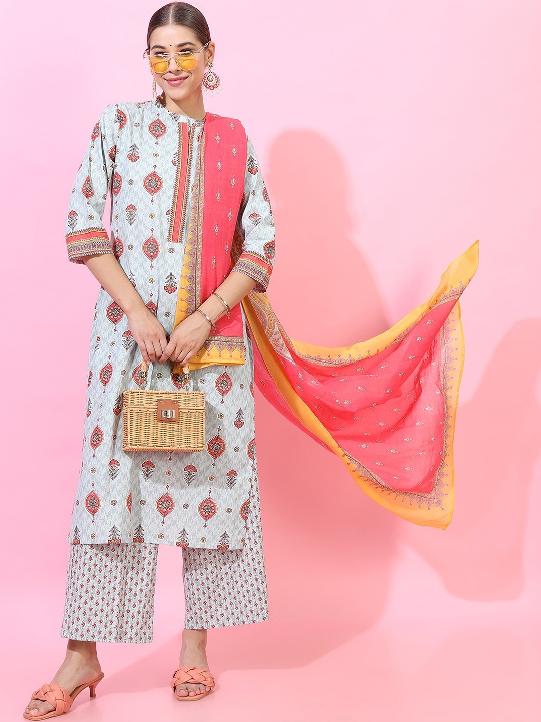 

Vishudh Women Woven Design Pure Cotton Kurta with Palazzo and Dupatta, Sea green