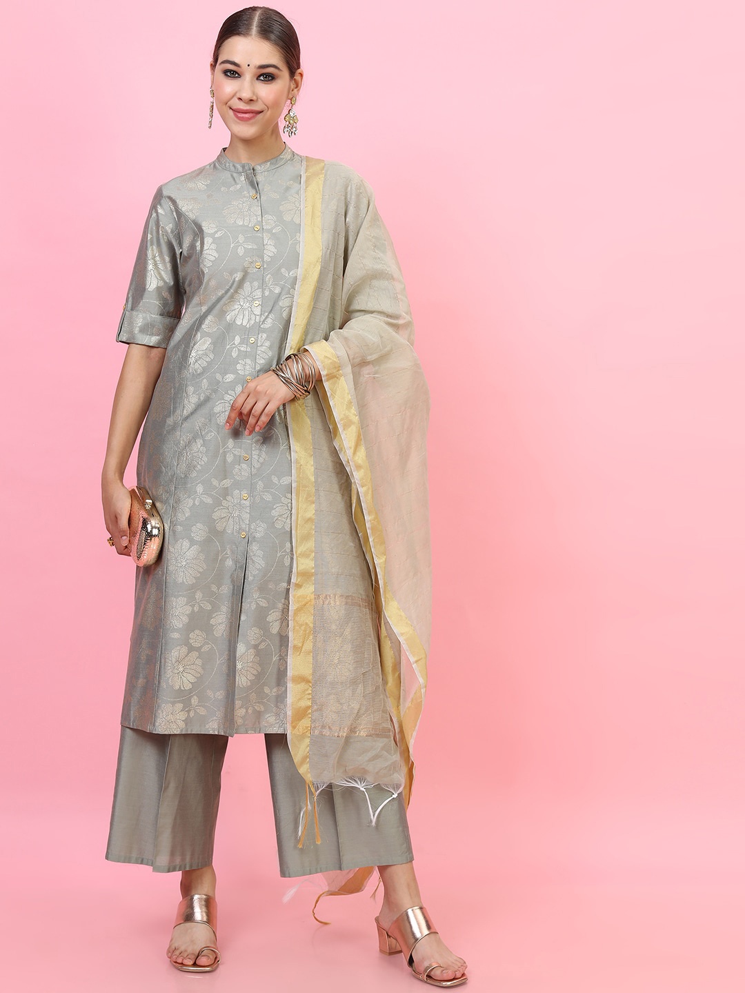 

Vishudh Women Grey Ethnic Motifs Panelled Kurta with Skirt & With Dupatta