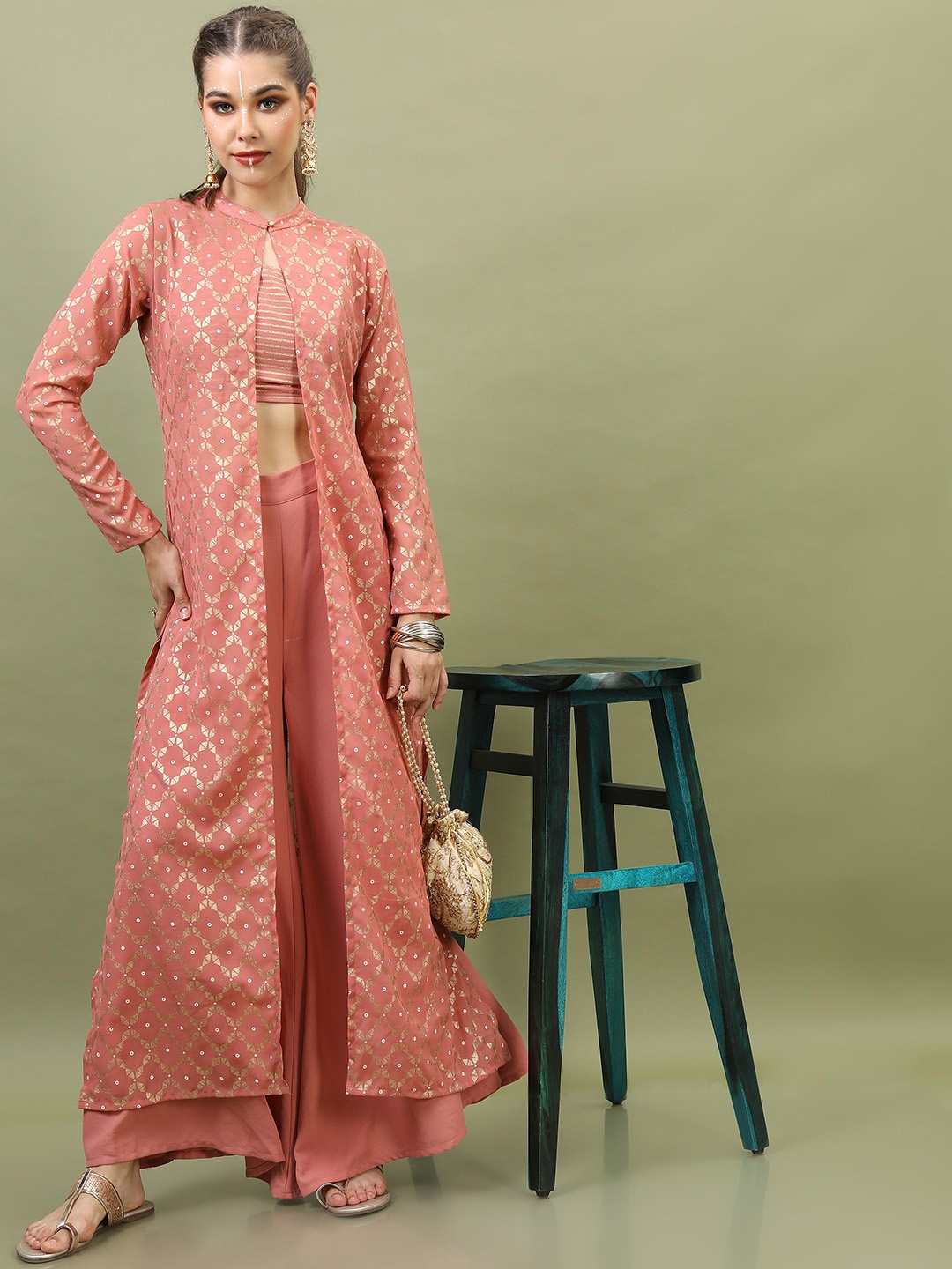 

Vishudh Women Peach & Gold Printed Crop Top with Palazzos And Jacket