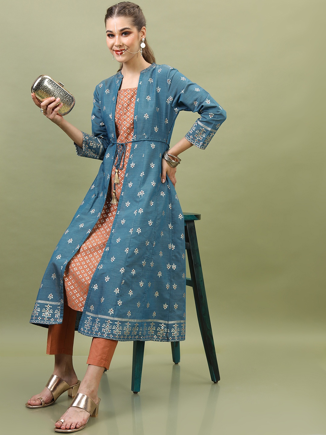 

Vishudh Women Brown Floral Printed A-Line Kurta with Trouser and Teal Blue Jacket