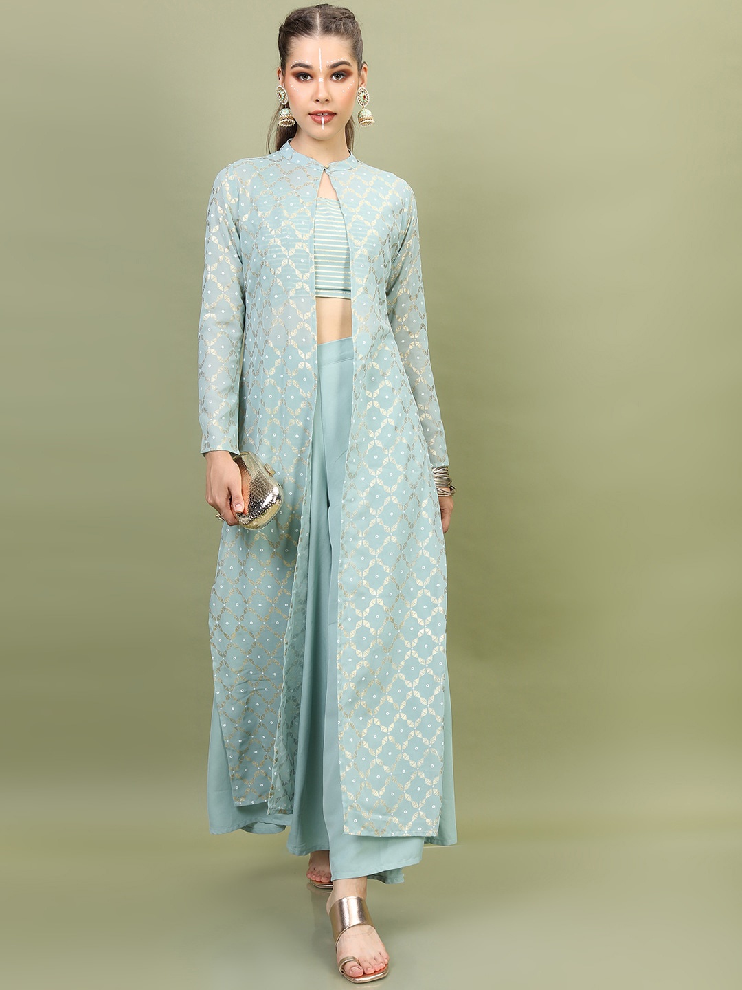 Vishudh Women Sea Green Embroidered Layered Top With Palazzos And Jacket