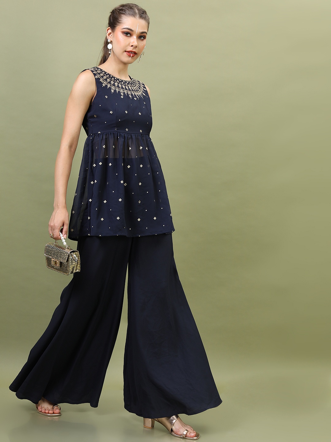 

Vishudh Women Navy Blue Ethnic Motifs Embroidered Empire Kurti with Palazzos & With Dupatta