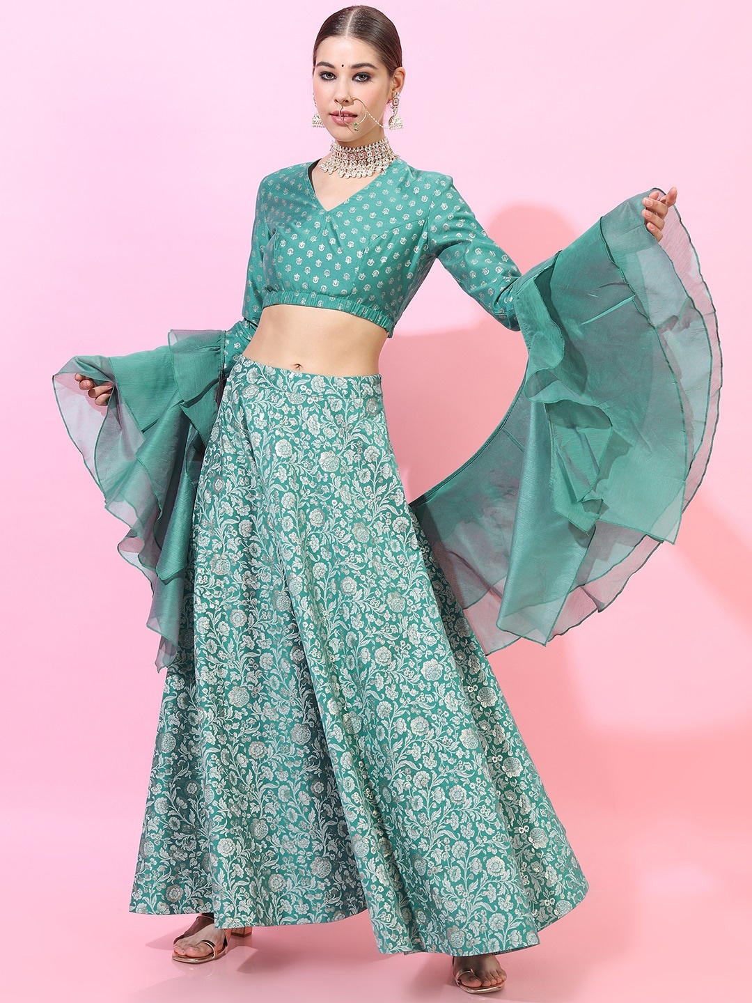 

Vishudh Turquoise Blue & Off White Foil Print Ready to Wear Lehenga & Blouse With Dupatta