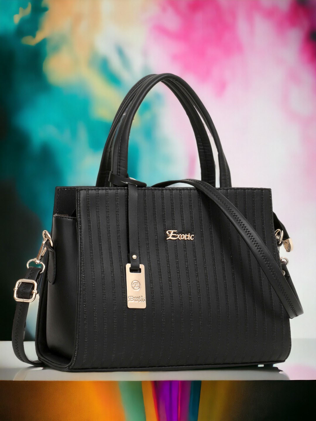 

Exotic Black Striped PU Structured Handheld Bag