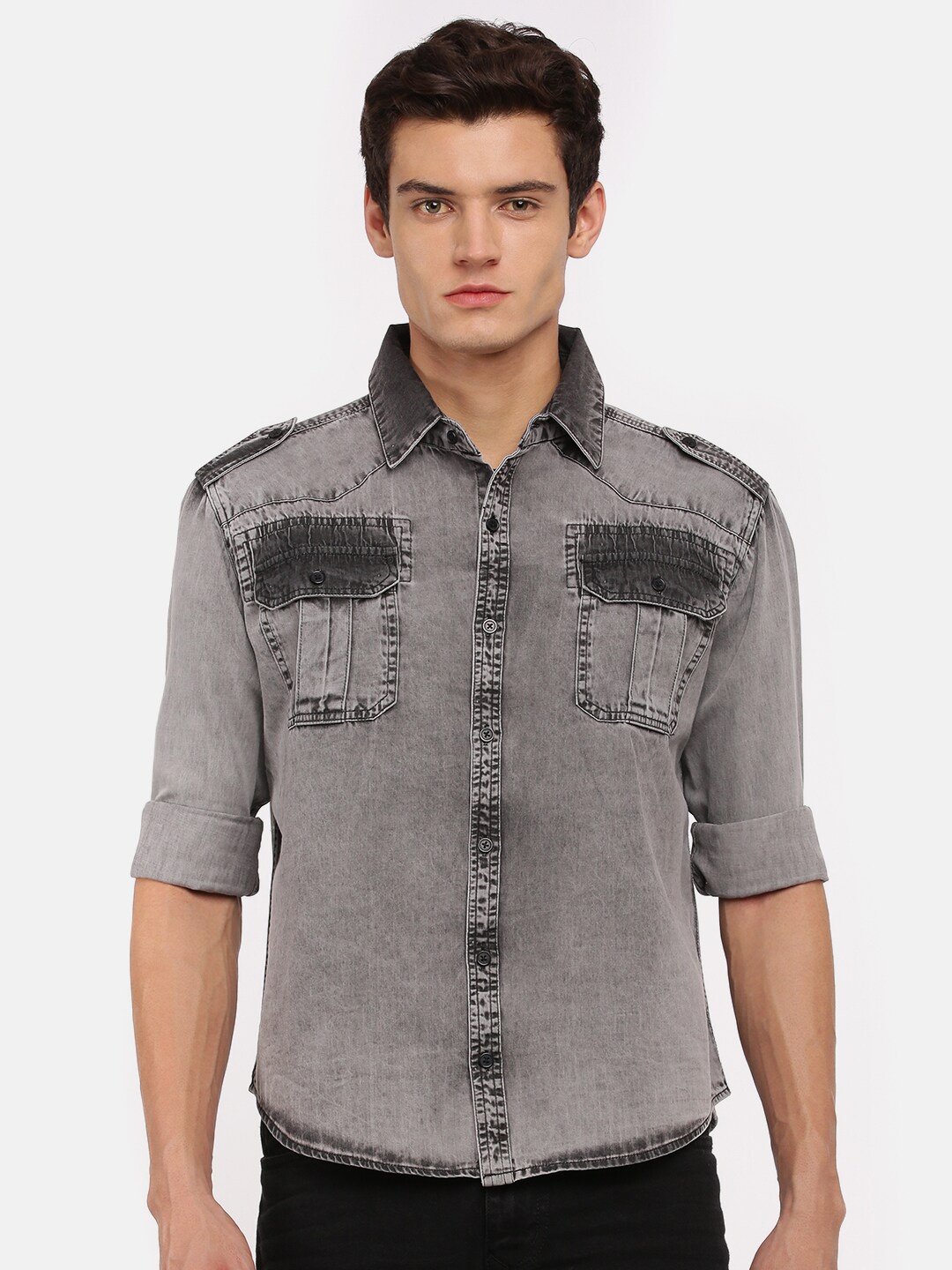 

VOXATI Men Grey Standard Faded Casual Shirt