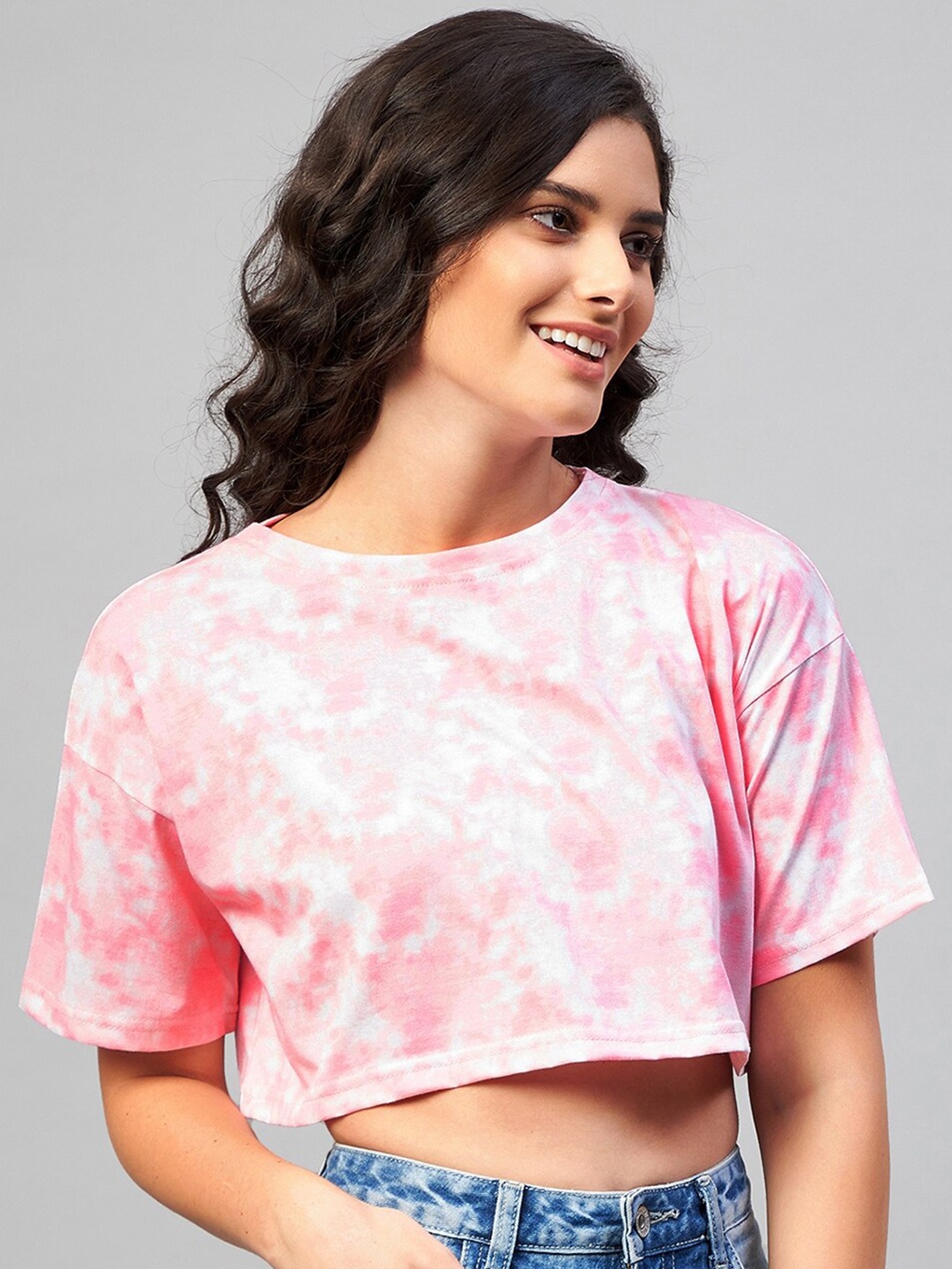 

CHIMPAAANZEE Women Pink Tie & Dye Extended Sleeves Loose Fit Crop T-shirt