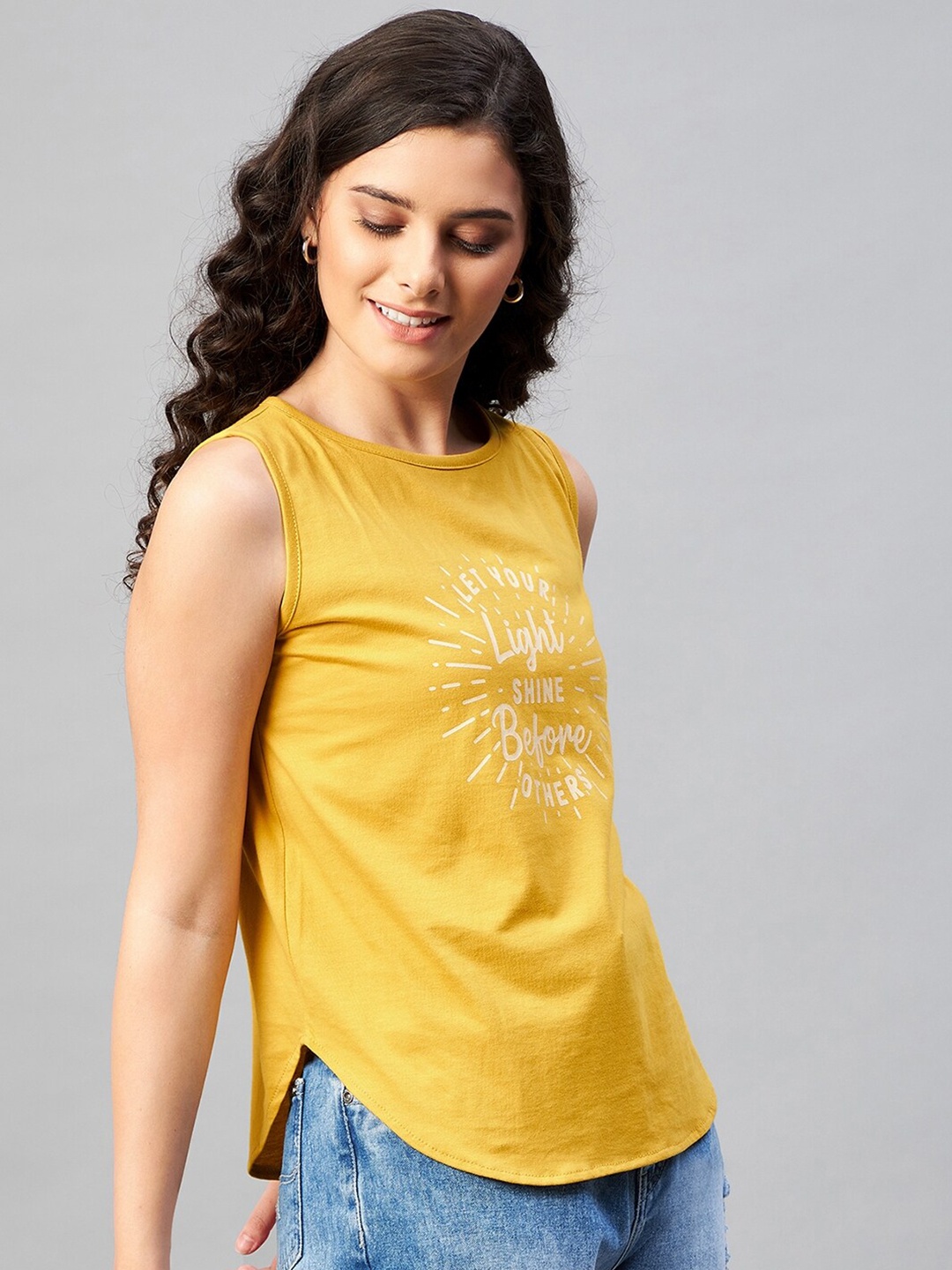 

CHIMPAAANZEE Women Yellow Typography Printed Loose Fit Crop T-shirt